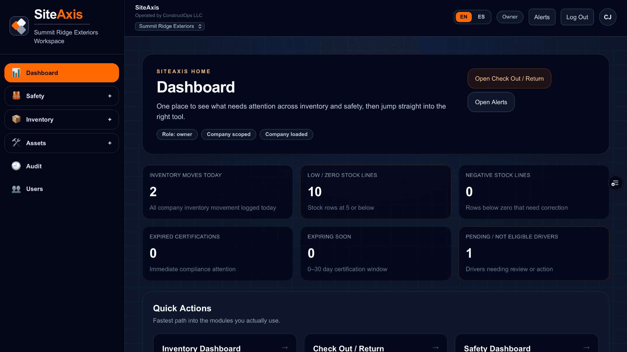 SiteAxis Summit Ridge Exteriors dashboard preview